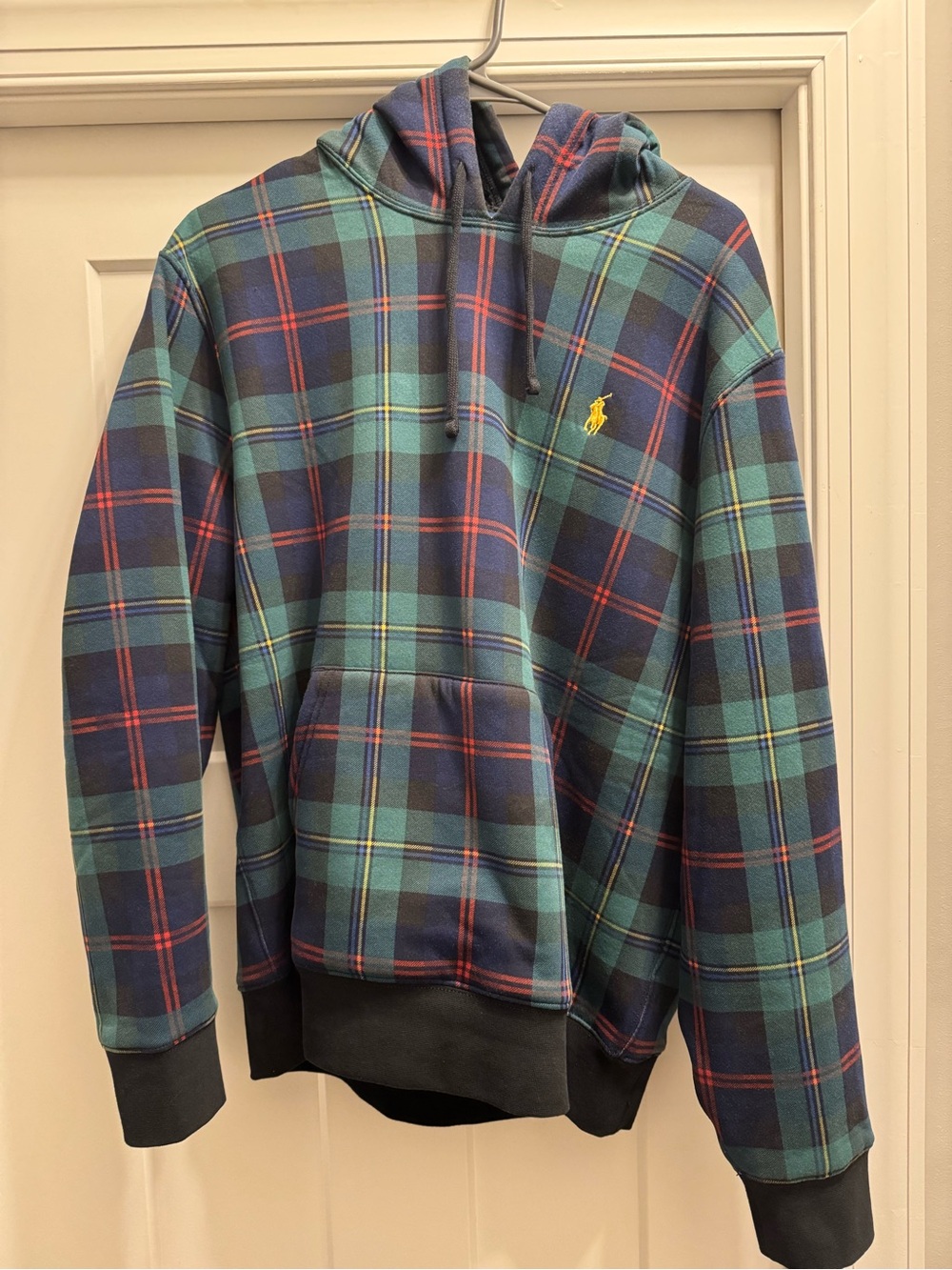 Polo by Ralph Lauren Teal & Navy Plaid Zip-Up Hoodie with Yellow Logo